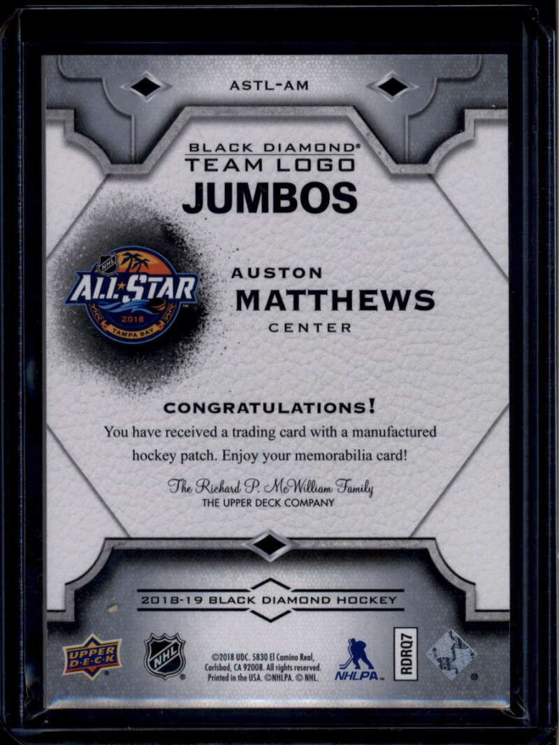 2018-19 Black Diamond Team Logo Jumbos Auston Matthews All-Star Game Patch