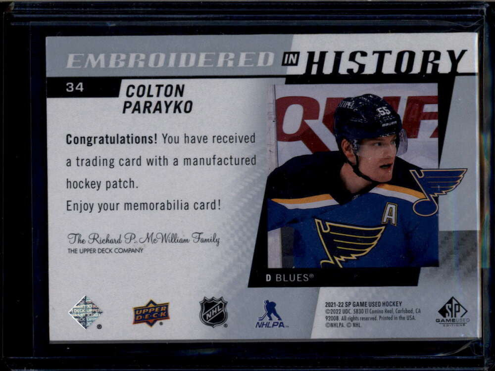 2021-22 SP Game Used Embroidered in History 34 Colton Parayko Patch