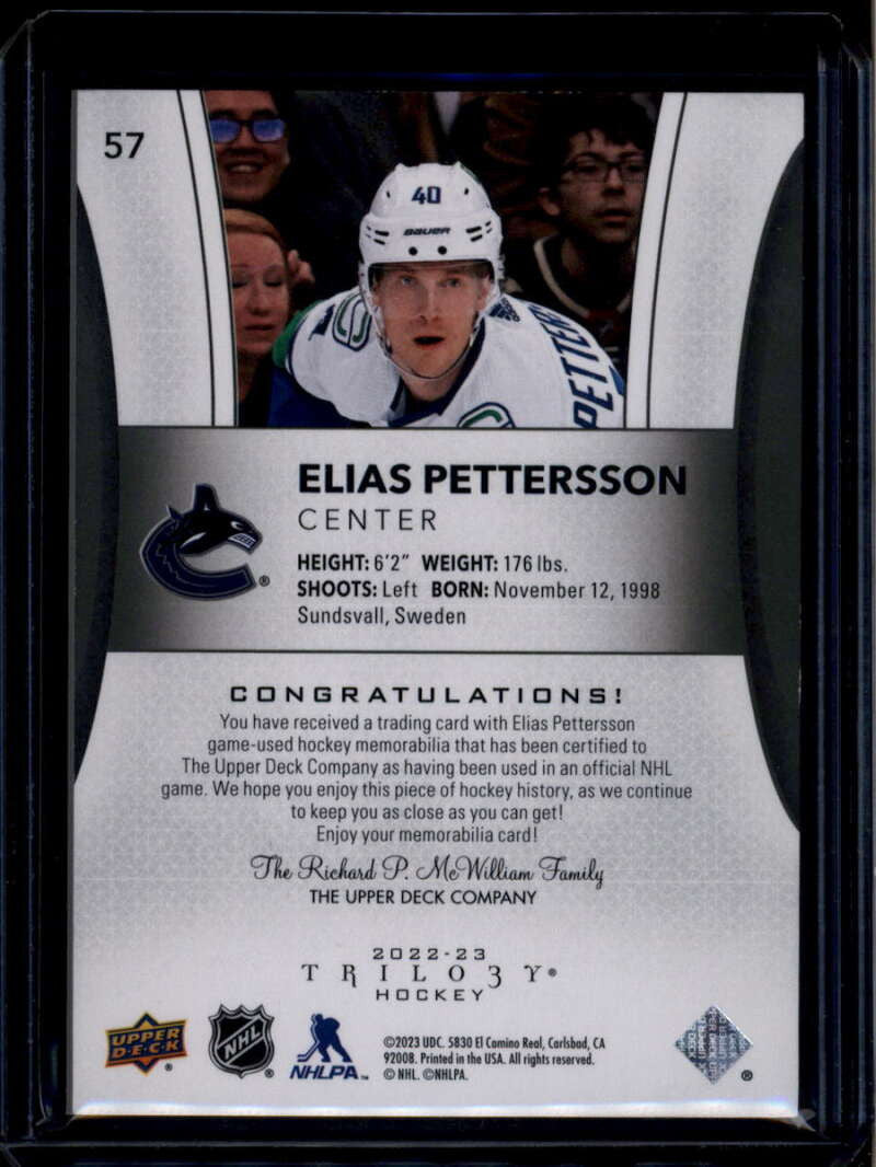 2022-23 Upper Deck Trilogy Black 57 Elias Pettersson Patch 9/10