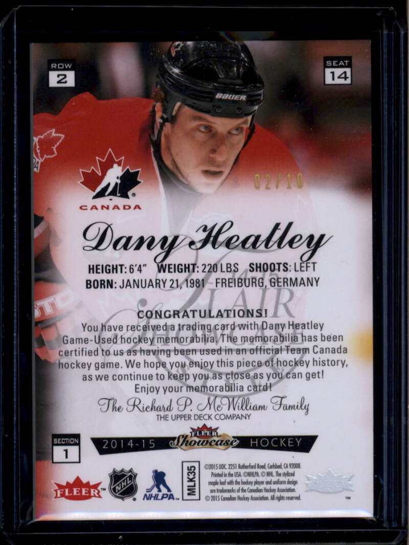 2014-15 Fleer Showcase Memorabilia Prime 14 Dany Heatly Team Canada Patch 2/10