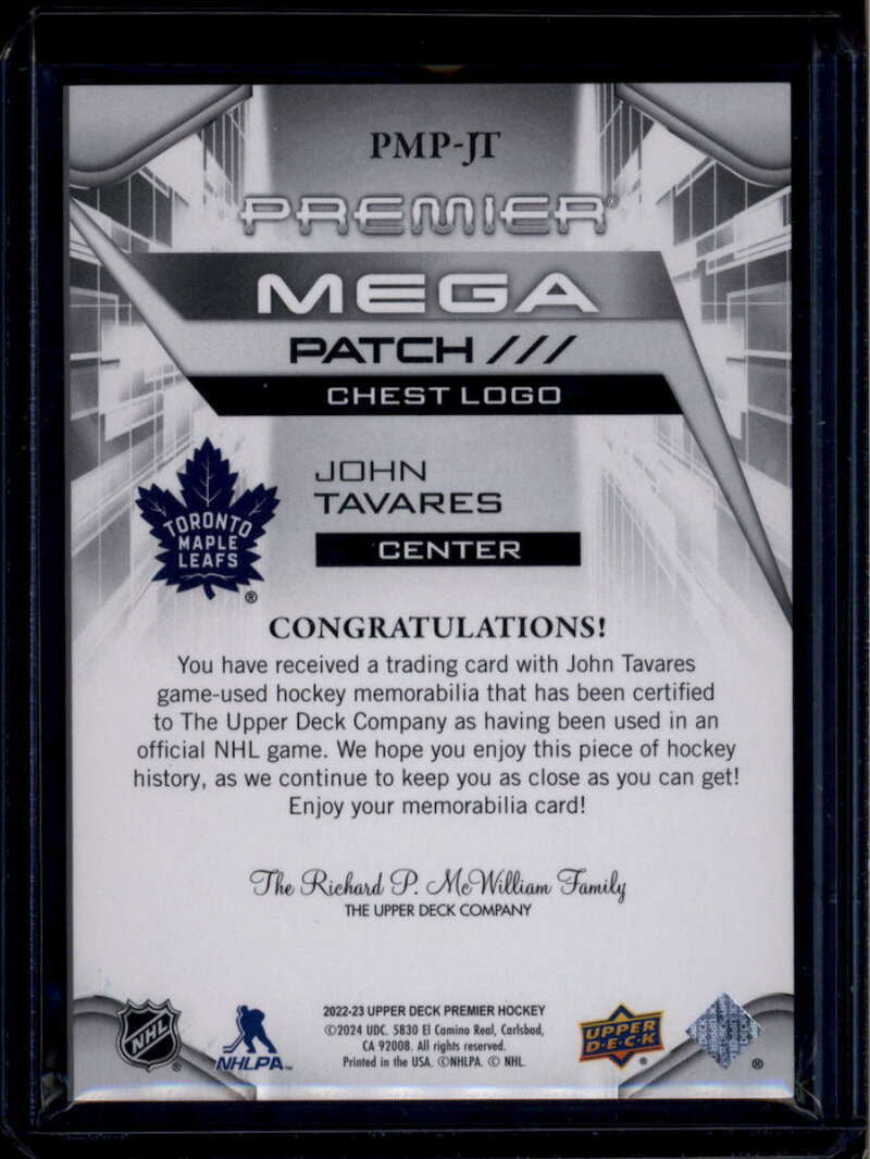 2022-23 Upper Deck Premier Mega Chest Logos PMPJT John Tavares Jumbo Patch 23/26