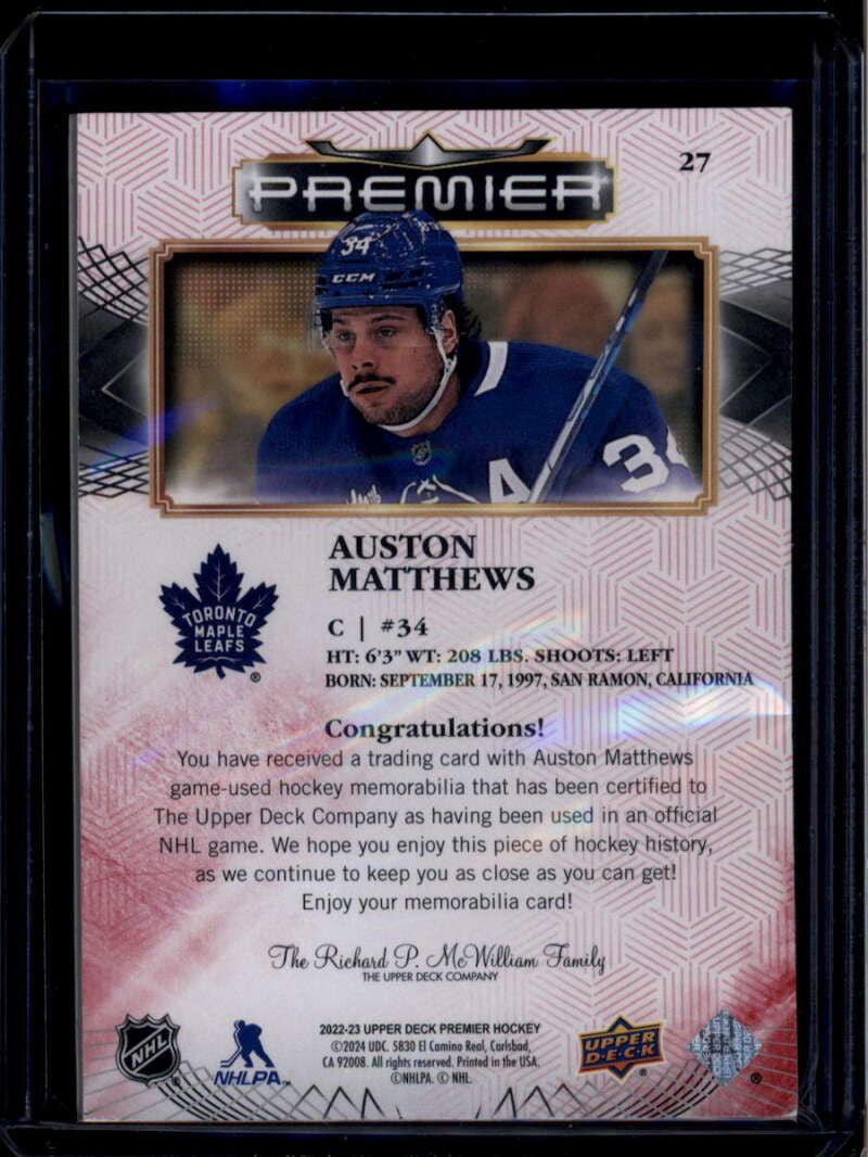 2022-23 Upper Deck Premier Jerseys Lace 27 Auston Matthews Lace Patch 3/5