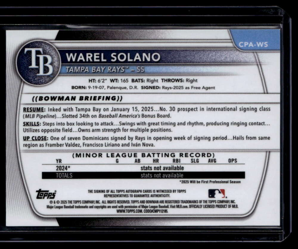 2025 Bowman Chrome Autographs Purple Refractor Warel Solano Rookie Auto 152/250