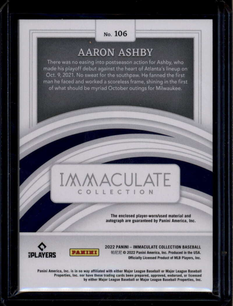 DELETE 174931 2022 Immaculate Autographs Jersey Number 106 Aaron Ashby RC Patch Auto 9/26