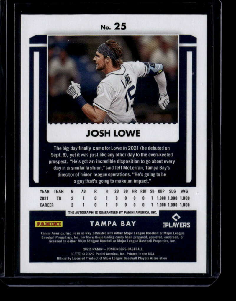 2022 Panini Chronicles Contenders Rookie Playoff Ticket Josh Lowe RC Auto 7/18