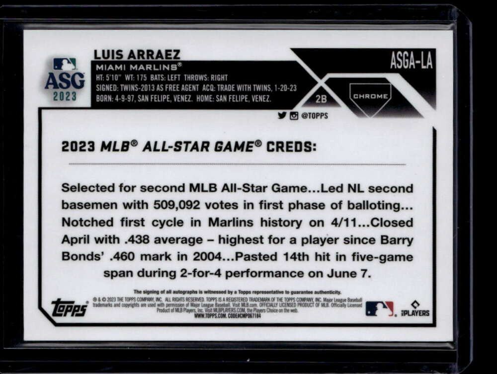 2023 Topps Chrome Update '23 All Star Game Autographs ASGALA Luis Arraez Auto