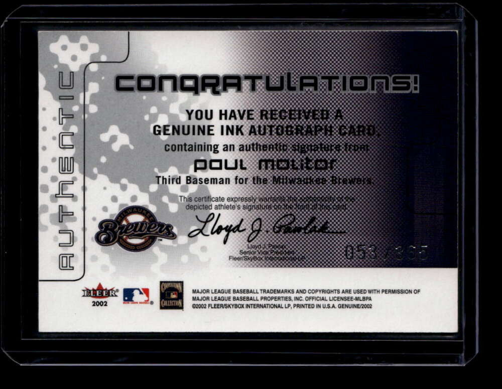 2002 Fleer Genuine Ink 6 Paul Molitor Auto 53/365