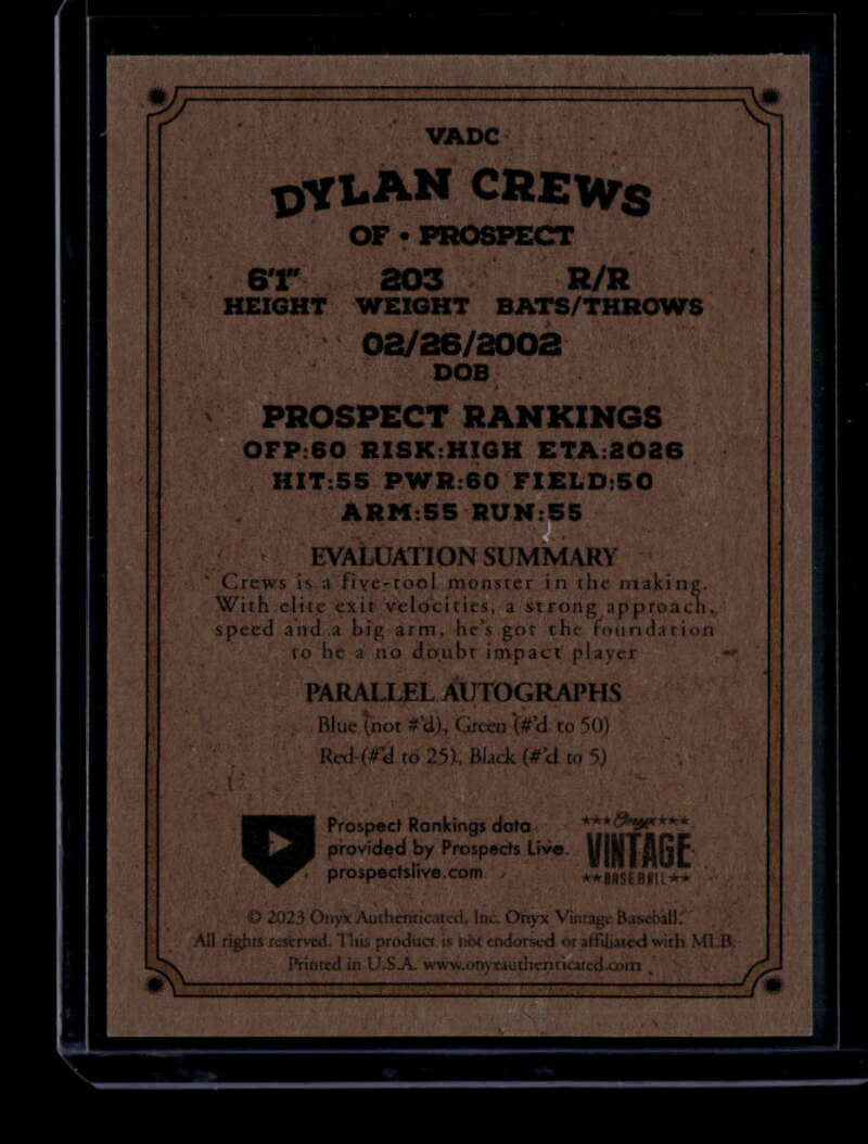 2023 Onyx Vintage Autographs Green Ink VADC Dylan Crews Rookie Auto /50