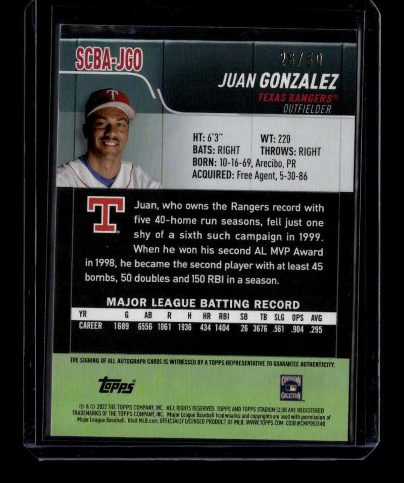 2022 Stadium Club Autographs Red Foil SCBAJGO Juan Gonzalez Auto 26/50