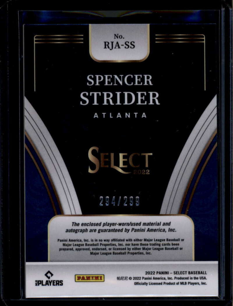 2022 Select Rookie Jersey Autographs 15 Spencer Strider RC Jersey Auto 294/299
