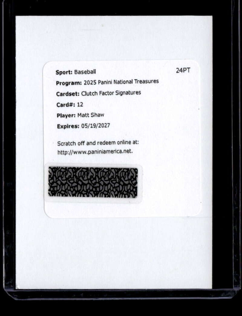 DELETE 175002 2025 National Treasures Clutch Factor Signature 12 Matt Shaw RC Jersey Auto /99