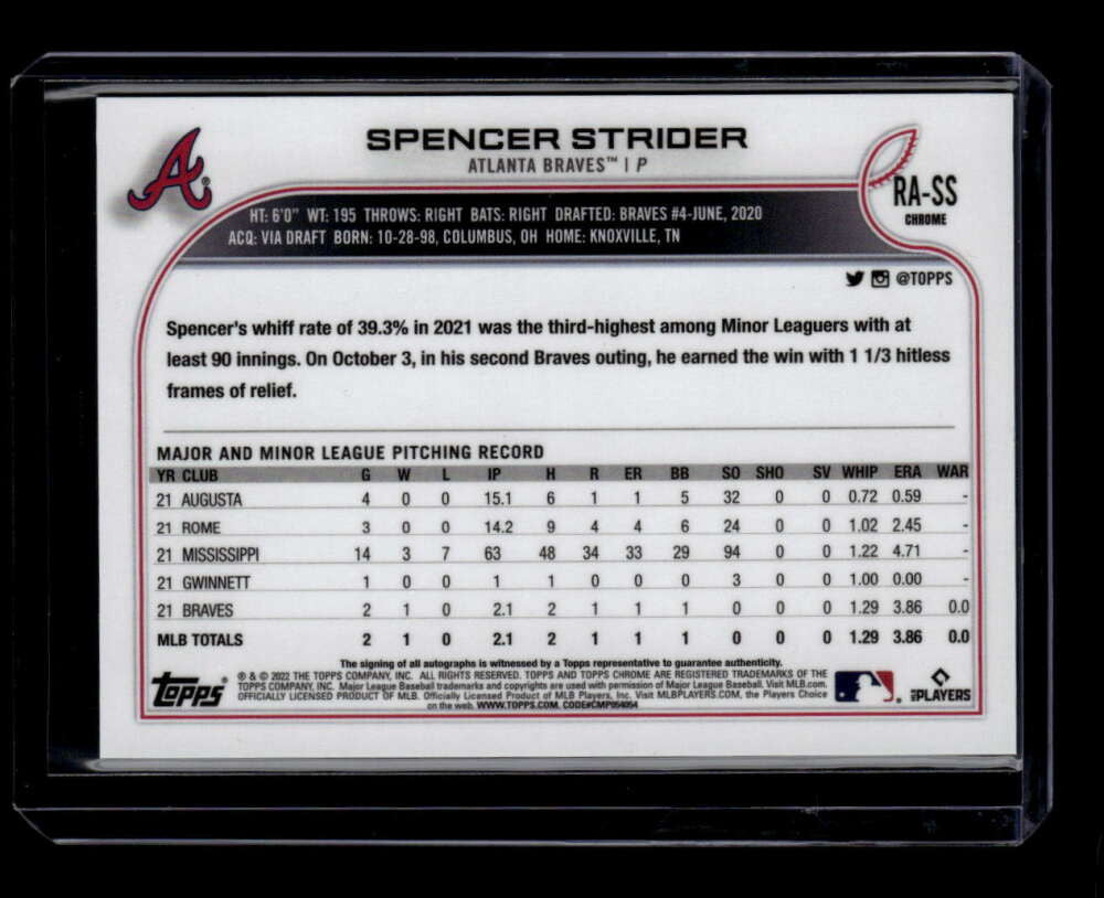 2022 Topps Chrome Rookie Autographs RASS Spencer Strider Rookie Auto