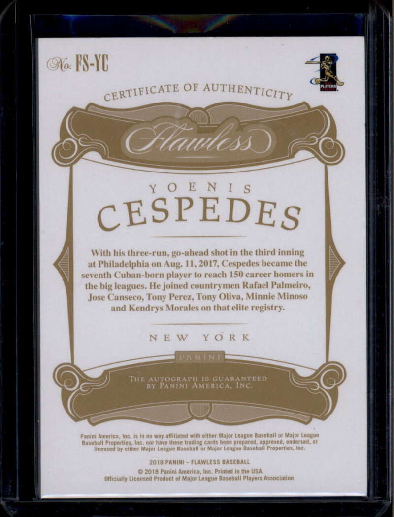 2018 Panini Flawless Signatures Sapphire 3 Yoenis Cespedes Auto 6/15