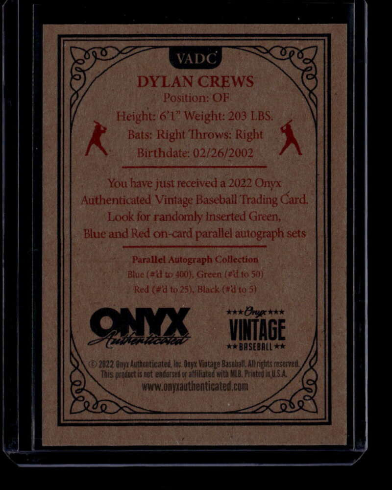 2022 Onyx Vintage Extended Autographs Green Ink VADC Dylan Crews Rookie Auto /50