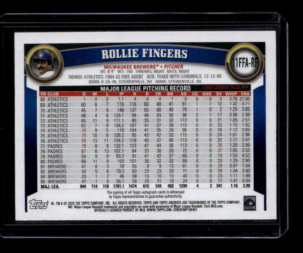 2025 Topps Archives '11 Fan Favorites Autographs Gold Rollie Fingers Auto 24/50