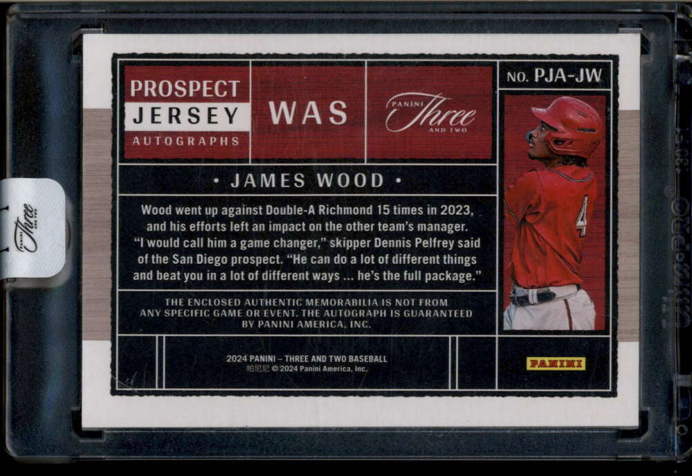 SOLD 175026 2024 Panini Three and Two Prospect Autographs 37 James Wood RC Jersey Auto 39/99