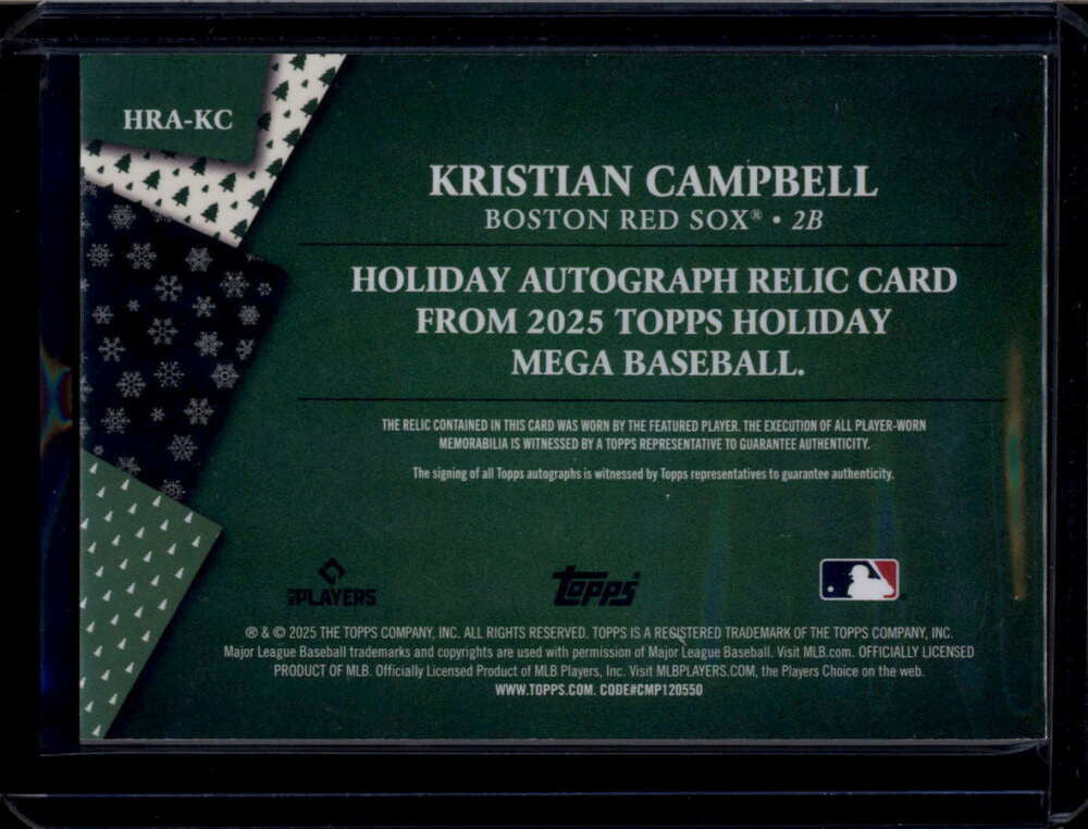 2025 Topps Holiday Autograph Relics Kristian Campbell RC Santa Hat Auto 4/10