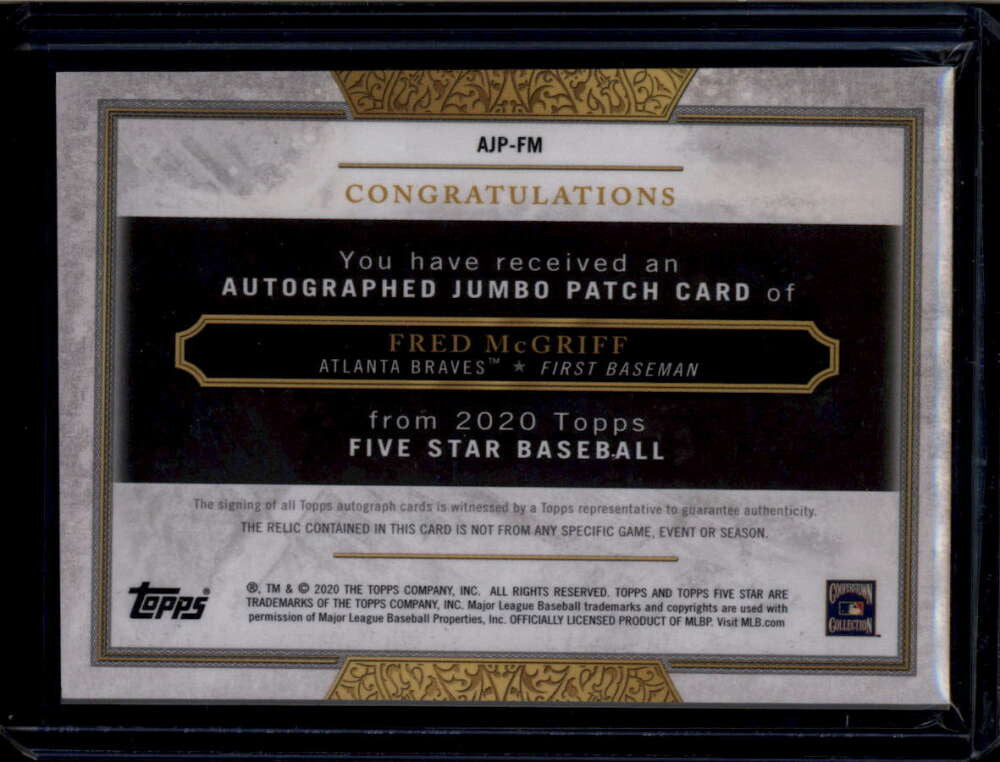 2020 Topps Five Star Jumbo Patch Autographs AJPFM Fred McGriff Patch Auto 8/10