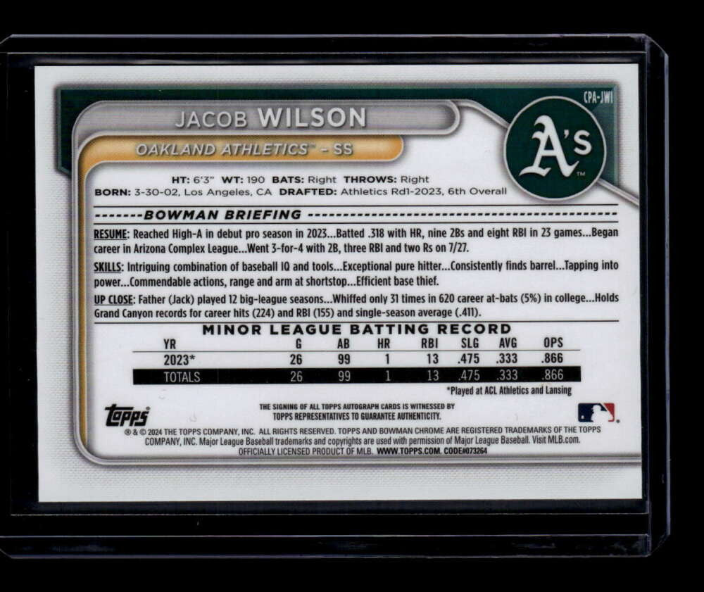 2024 Bowman Chrome Autographs Yellow Refractor CPAJWI Jacob Wilson RC Auto 46/75