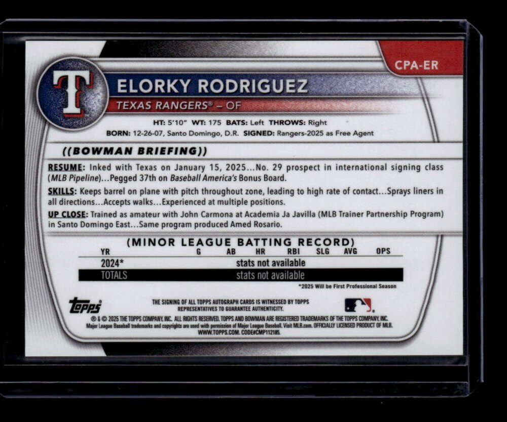 2025 Bowman Chrome Autographs Gold Refractor Elorky Rodriguez RC Auto 20/50
