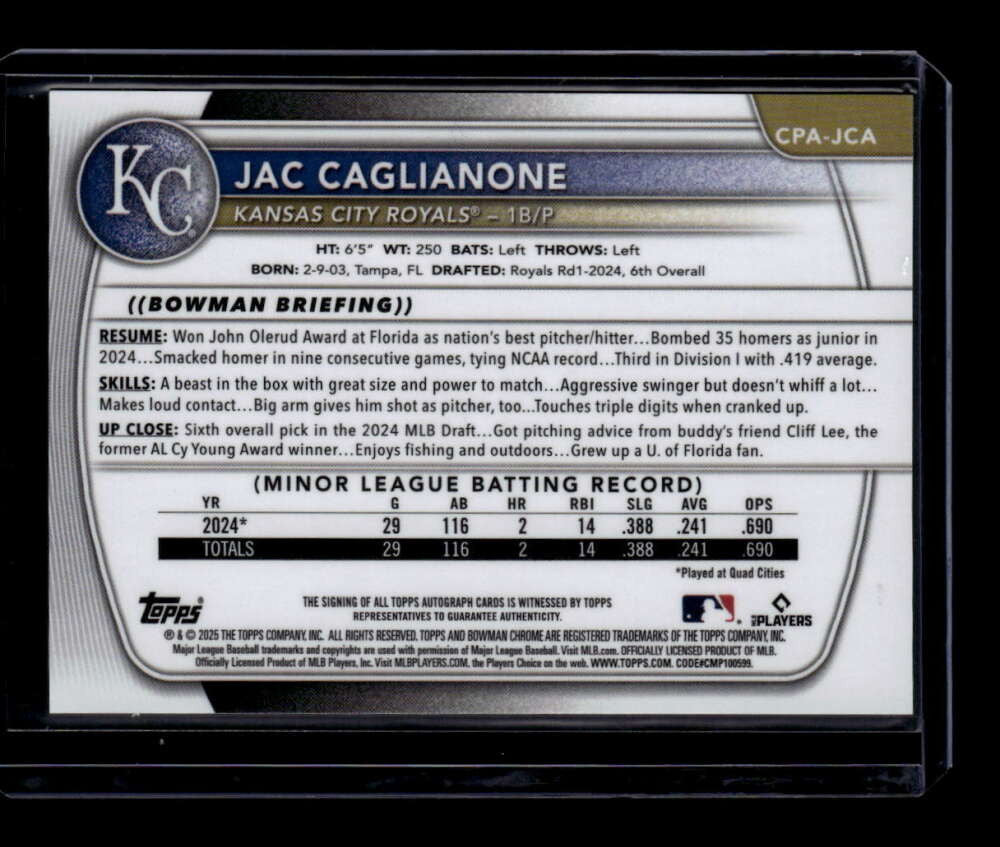 2025 Bowman Chrome Autographs Speckle Refractor Jac Caglianone RC Auto 13/299