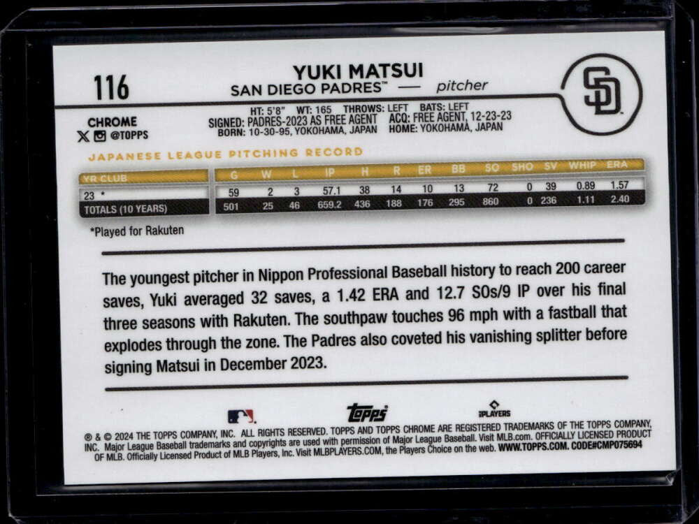 2024 Topps Chrome Black RayWave Refractor 116 Yuki Matsui Rookie 1/10