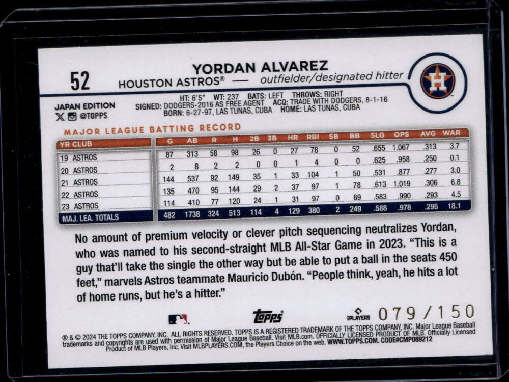 2024 Topps Japan Blue 52 Yordan Alvarez 79/150
