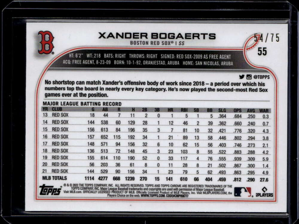SOLD 175107 2022 Topps Chrome Ben Baller Blue Refractor 55 Xander Bogaerts 54/75