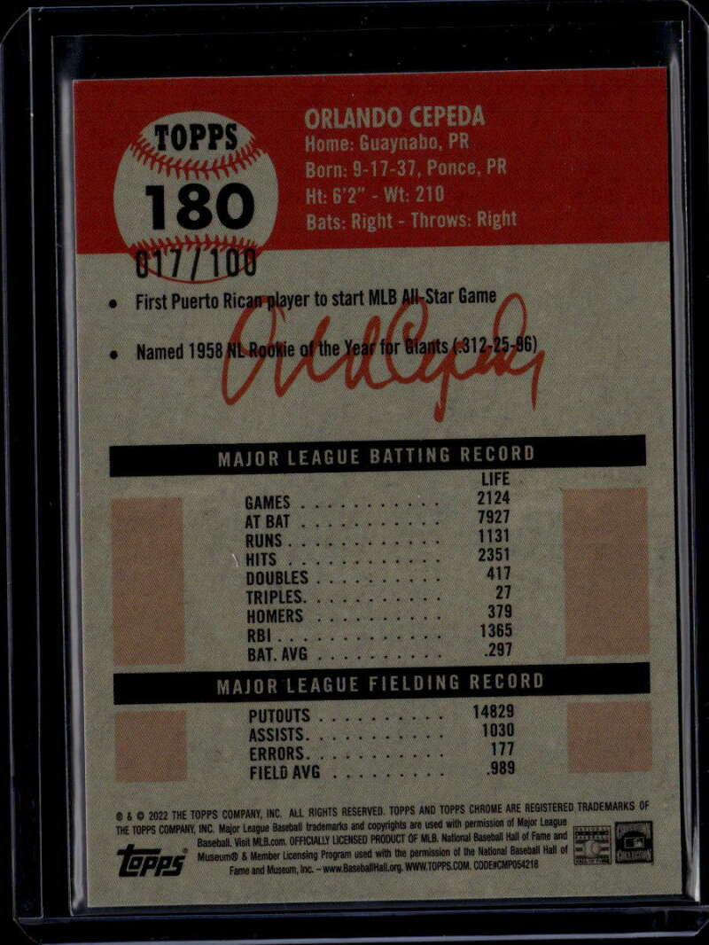 2022 Topps Chrome Platinum Toile Fuchsia Atomic Refractor Orlando Cepeda 17/100