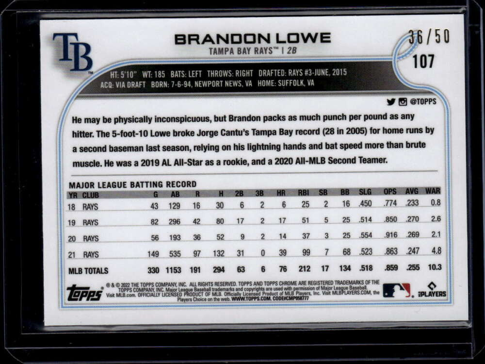 2022 Topps Chrome Ben Baller Gold Refractor 107 Brandon Lowe 36/50