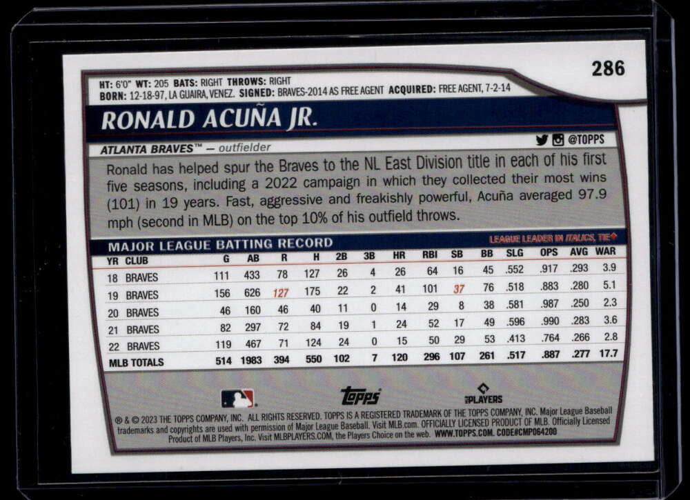 SOLD 175127 2023 Topps Big League 286 Ronald Acuna Jr. RED FOIL