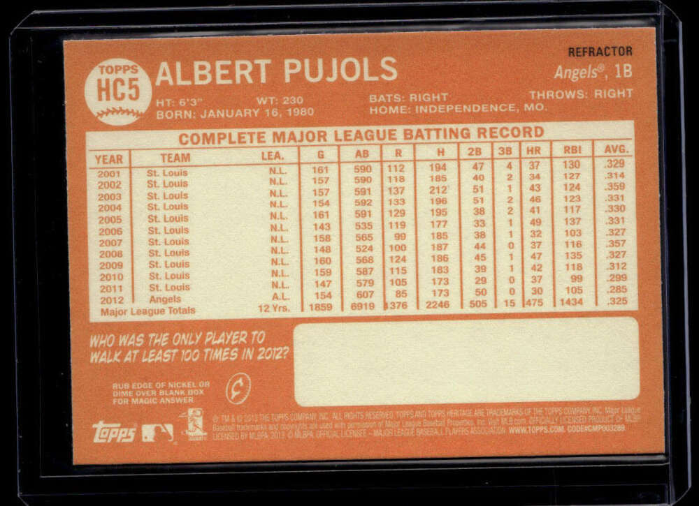 2013 Topps Heritage Chrome Purple Refractor hc5 Albert Pujols
