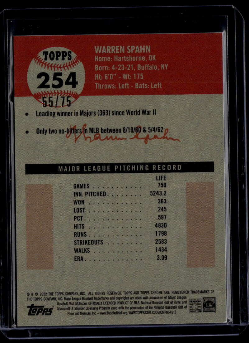2022 Topps Chrome Platinum Anniversary Rose Gold Refractor Warren Spahn 55/75