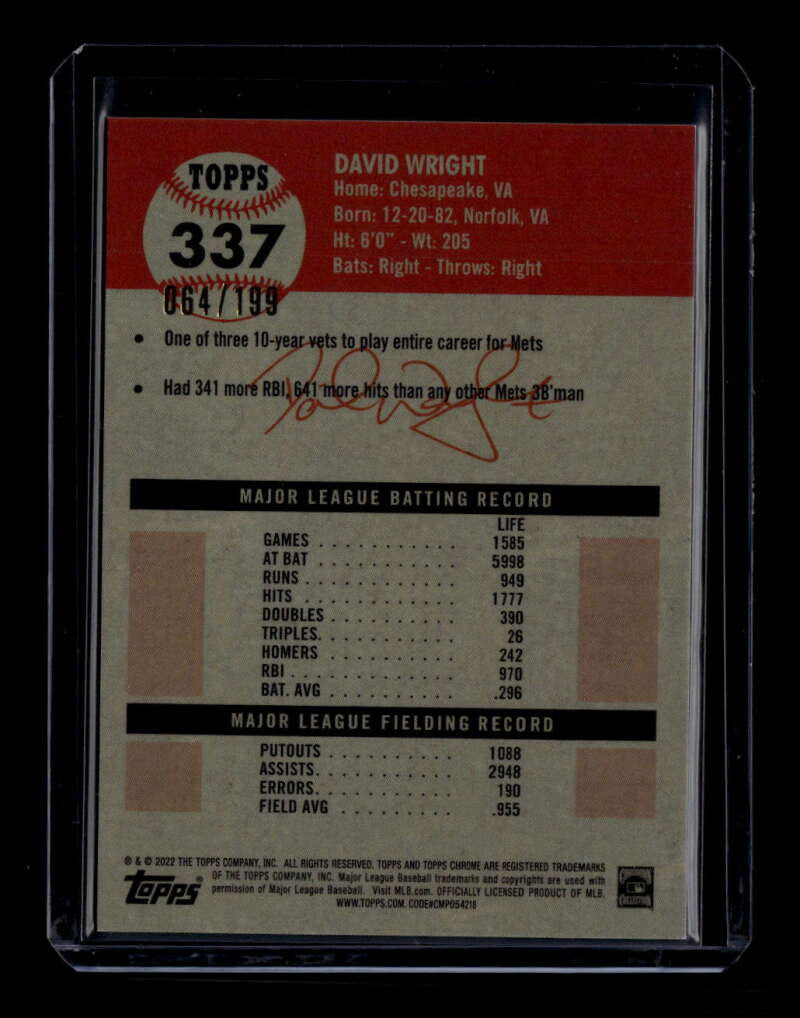 DELETE 175175 2022 Topps Chrome Platinum Toile White Blue Refractor 337 David Wright 64/199