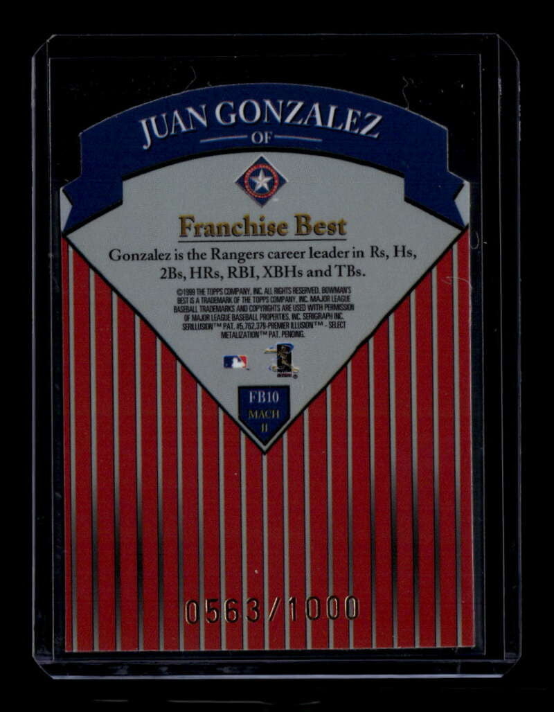 1999 Bowman's Best Franchise Best Mach II fb10 Juan Gonzalez 563/1000