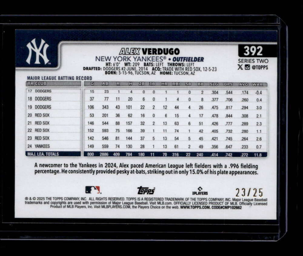 2025 Topps Orange Diamante Foil 392 Alex Verdugo 23/25