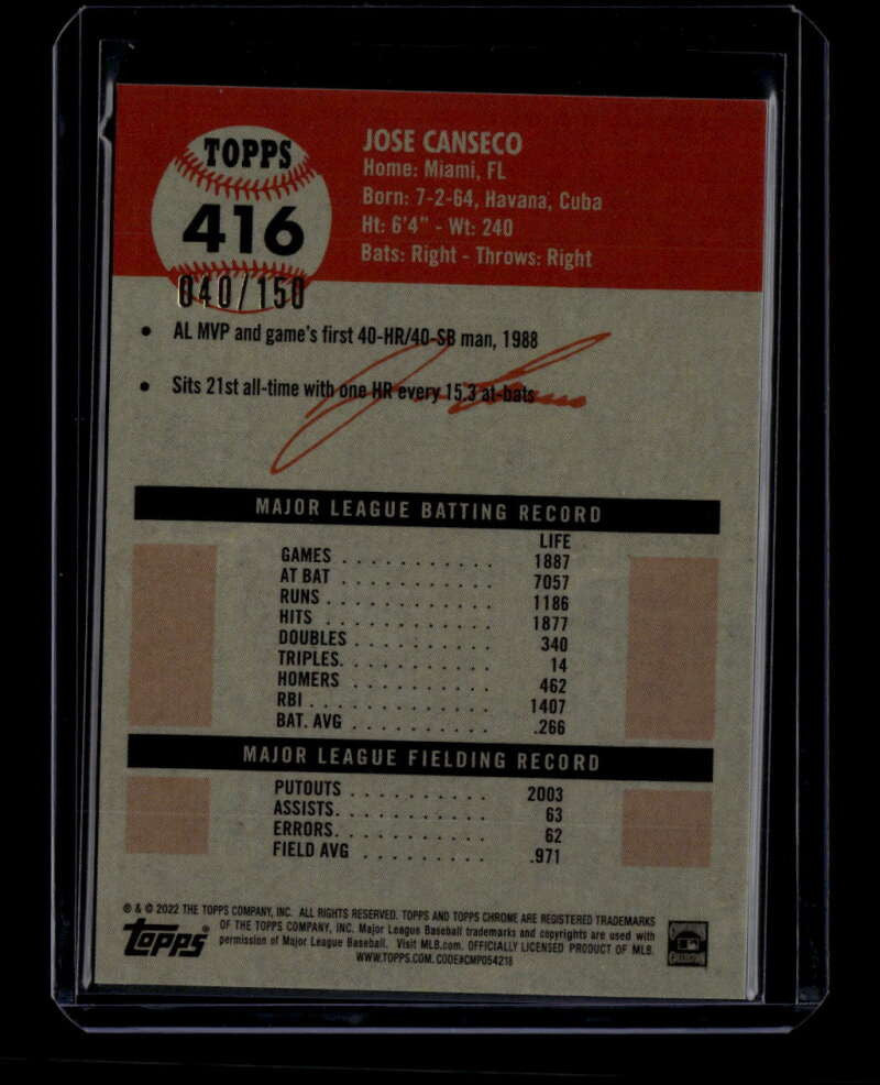 2022 Topps Chrome Platinum Anniversary Speckle Refractor 416 Jose Canseco 40/150