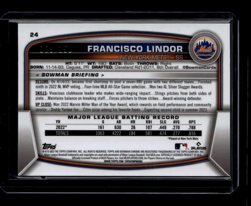 2023 Bowman Chrome Blue Refractor 24 Francisco Lindor 89/150