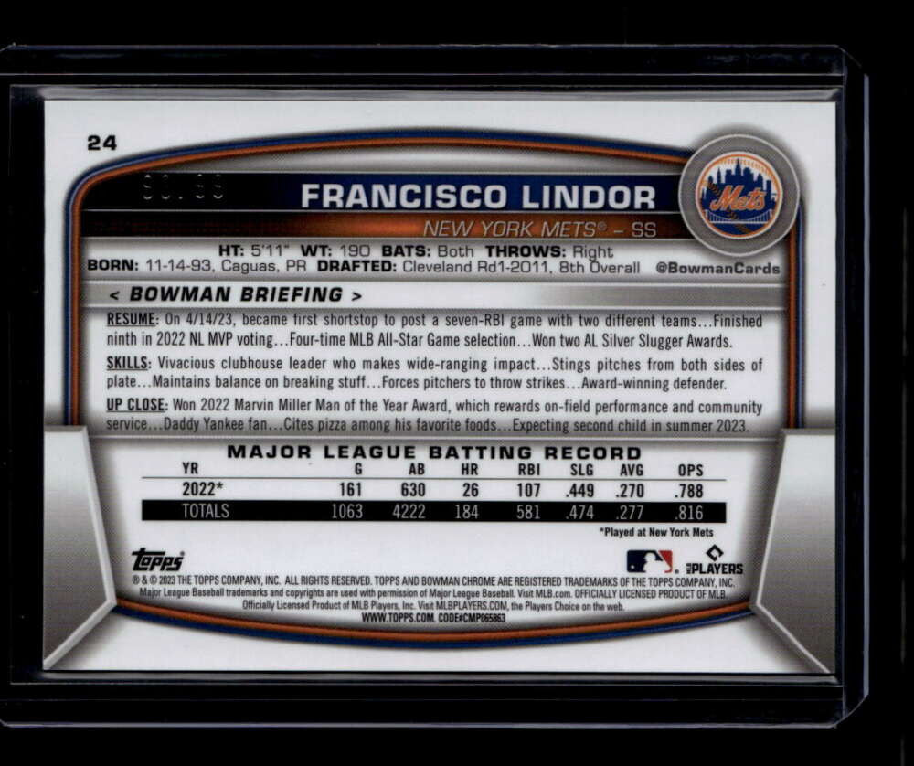 2023 Bowman Chrome Green Refractor 24 Francisco Lindor 98/99