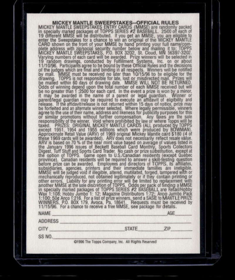 1996 Topps Mantle Redemption 19 Mickey Mantle 1969 Topps Sweepstakes /2500