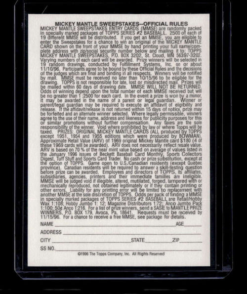 1996 Topps Mantle Redemption 19 Mickey Mantle 1969 Topps Sweepstakes /2500