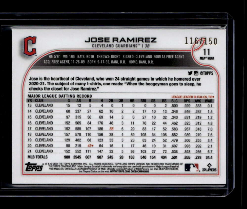 2022 Topps Chrome Logofractor Blue Refractor 11 Jose Ramirez 116/150