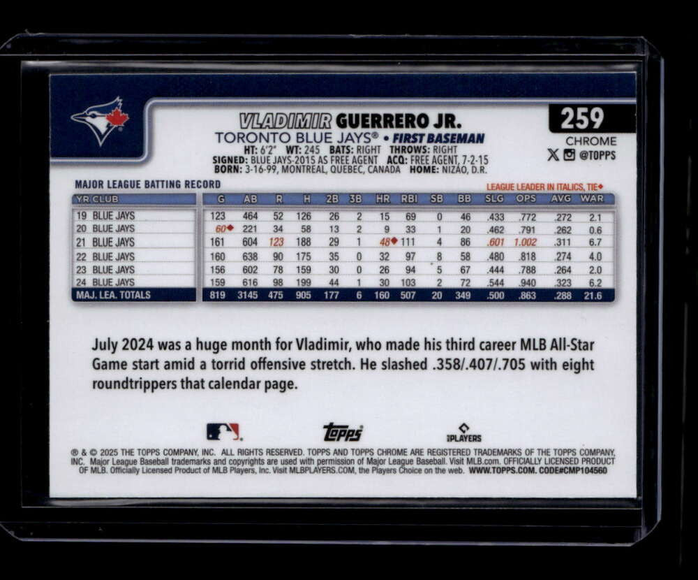 2025 Topps Chrome Photo Variations 259 Vladimir Guerrero Jr. SP