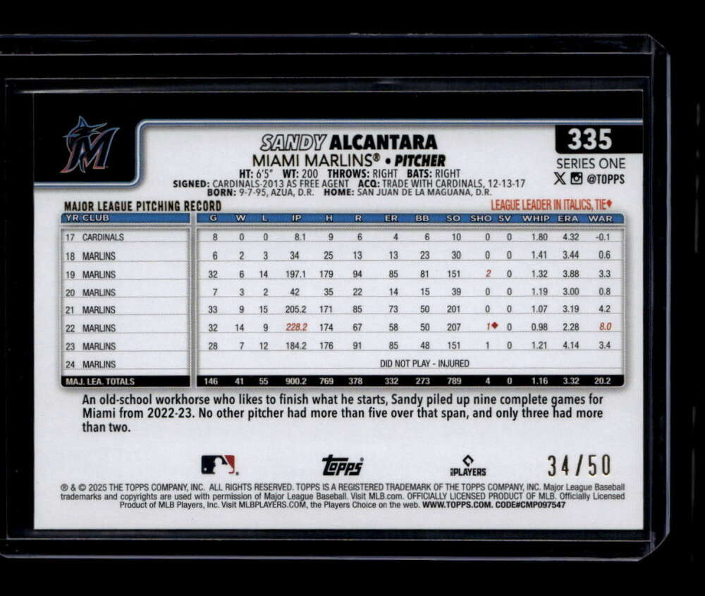 2025 Topps Gold Rainbow Foil 335 Sandy Alcantara 34/50