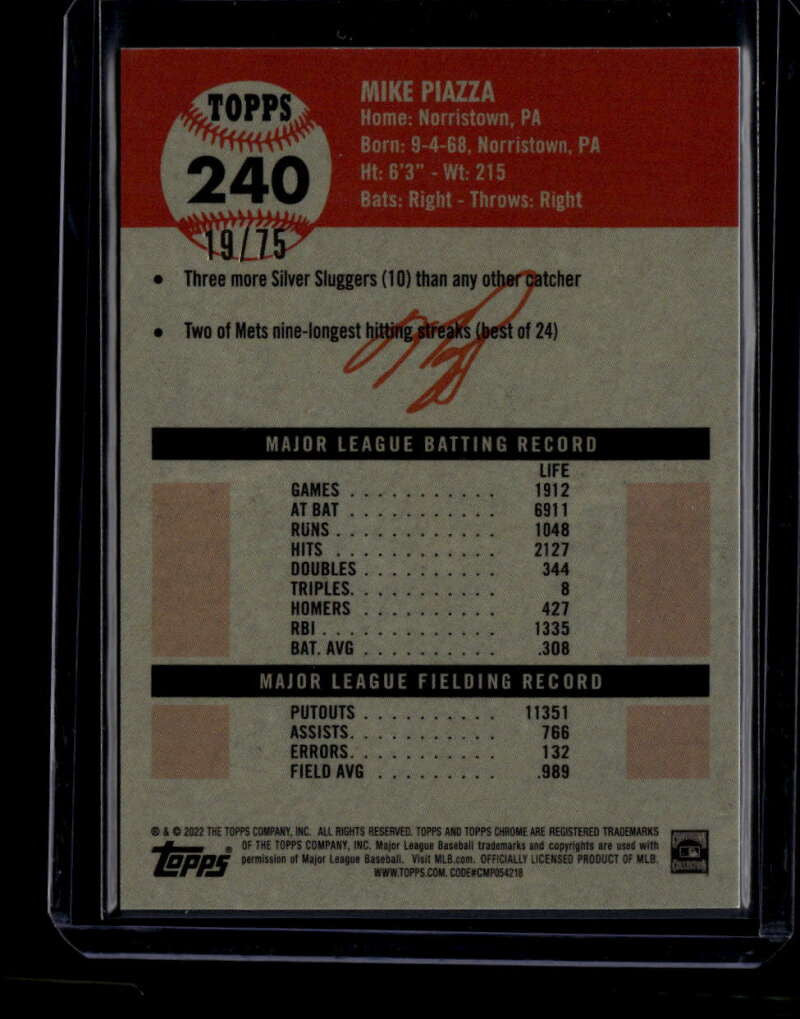 2022 Topps Chrome Platinum Anniversary Rose Gold Refractor 240 Mike Piazza 19/75