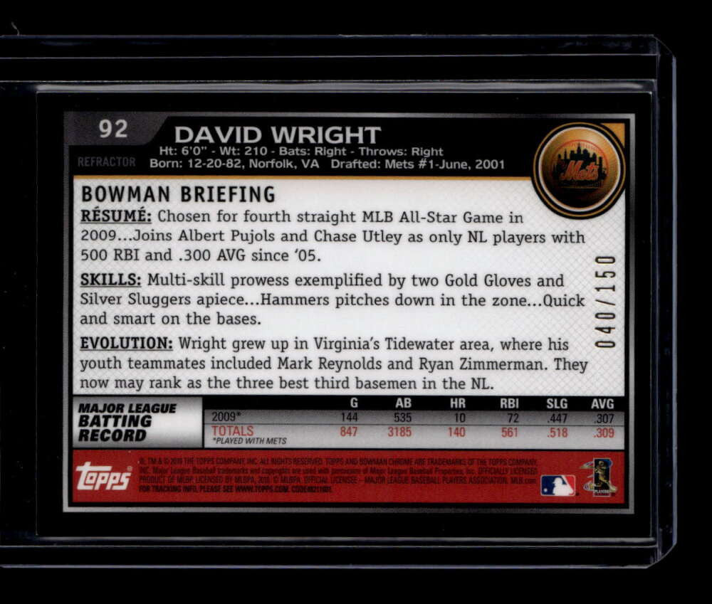 2010 Bowman Chrome Blue Refractor 92 David Wright 40/150