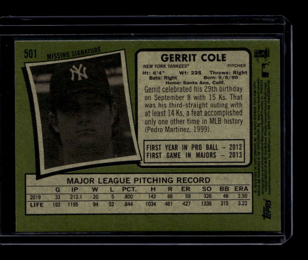 SOLD 175296 2020 Topps Heritage Missing Signature Variations 501 Gerrit Cole SP