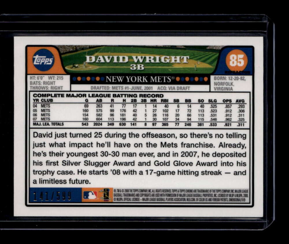 2008 Topps Chrome Copper Refractor 85 David Wright 141/599