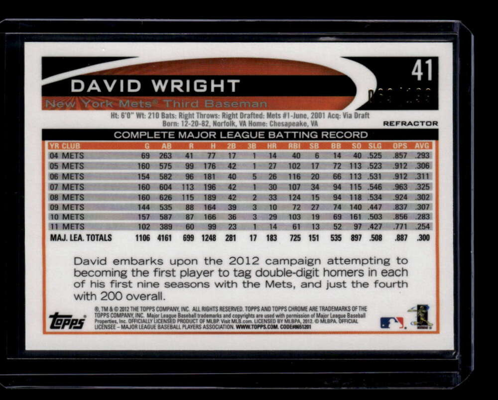 2012 Topps Chrome Blue Refractor 41 David Wright 69/199