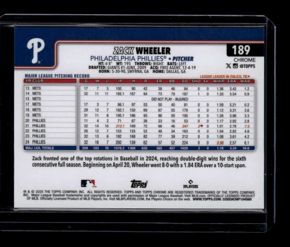 2025 Topps Chrome Photo Variation Orange Speckle Refractor 189 Zack Wheeler 7/25